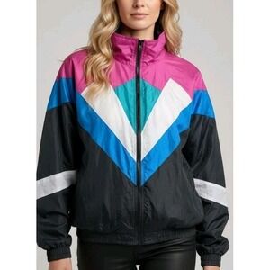 vtg 90s 80s Crossroads windbreaker jacket Color Block L diamond Quilt Black